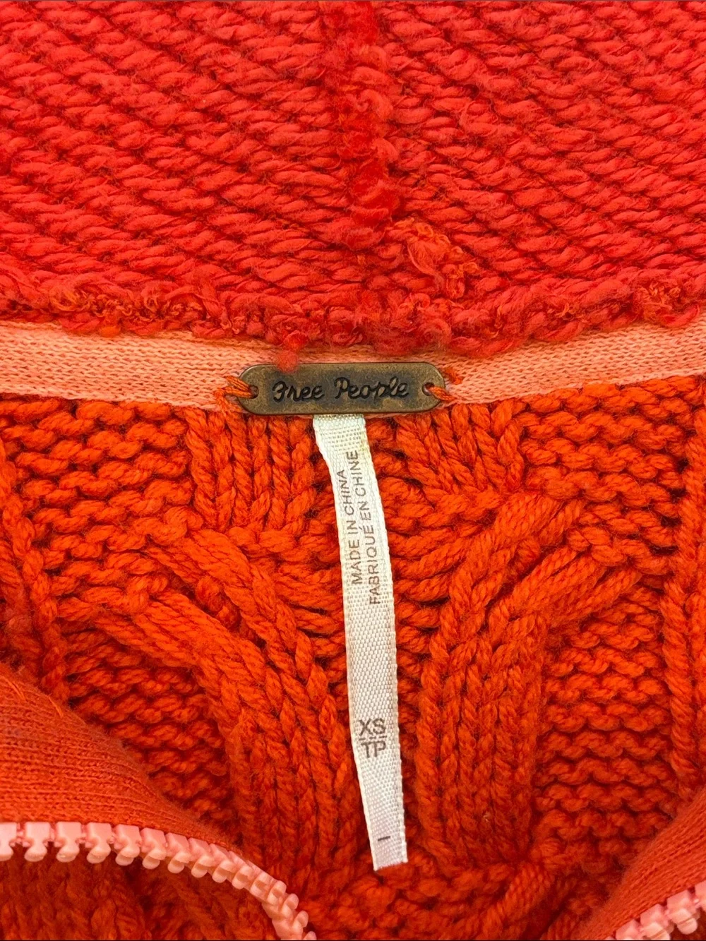 Free People Red Cable-Knit Half-Zip Turtleneck Sweater Wool Cotton